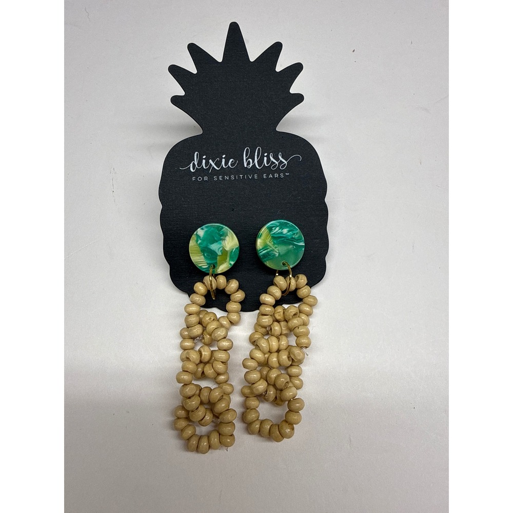 Dixie Bliss Sensitive Ears Green Marbled Resin Tan Wood Bead Drop Earrings